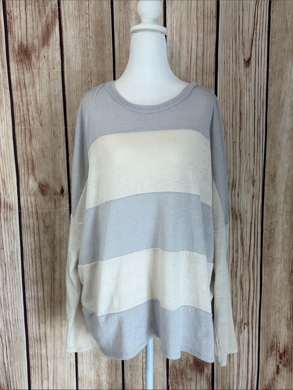 Peach Love Relaxed Soft Knit Wide Stripe Crewneck Sweater - White & Light Gray